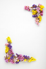 Flowers composition. Gypsophila flowers on grey background. Flat lay, top view, copy space