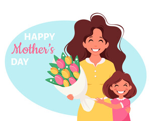 Mother's day greeting card. Woman with bouquet of flowers and daughter. Vector illustration