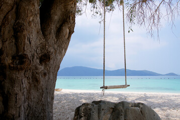Wooden swing on the beach with tree : Hey island, Phuket, Thailand