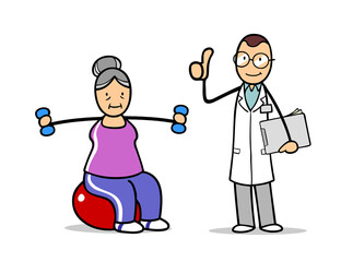 Cartoon Arzt unterstützt Seniorin auf Gymnastikball im Training bei Seniorensport