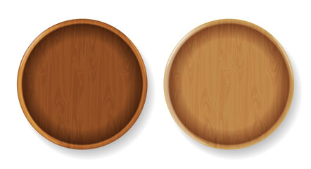 Wood round plates Vector realistic. Product placement mock up elements. 3d detailed illustrations