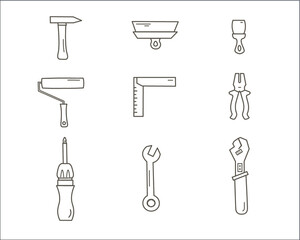Hand repair tools icons set. including adjustable wrench ,hammer, hand screwdriver, nippers, roller, angle