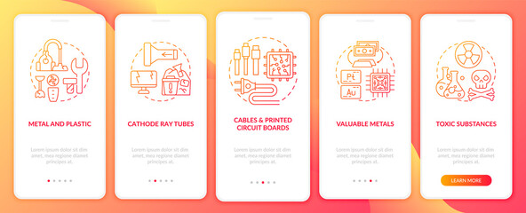 E-scrap elements onboarding mobile app page screen with concepts. Cables, precious metals walkthrough 5 steps graphic instructions. UI, UX, GUI vector template with linear color illustrations