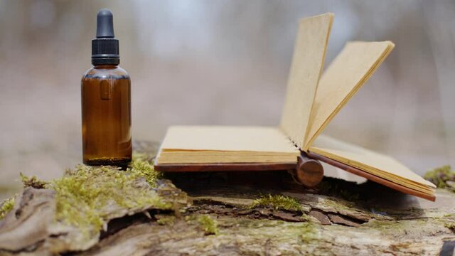 A 4K rendering of a small bottle with liquid and a bn open book on the mossy wood