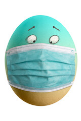 Large picture of an colored easter egg with drawn eyes and a corona mask.