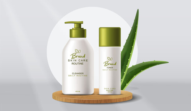 Aloe Vera cosmetics products Vector realistic. Product placement mock up bottles. Packaging design label lotions