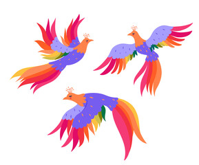 Set of magic birds isolated on a white background. Vector graphics.