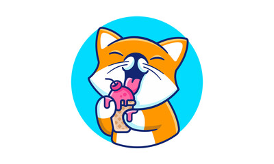 Naklejka premium Fun-Kawaii-Cat-Licking-Ice-Cream
