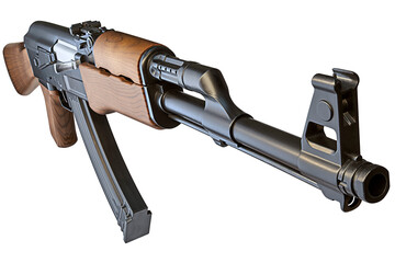 Large picture of an isolated AK-47 rifle with many details.