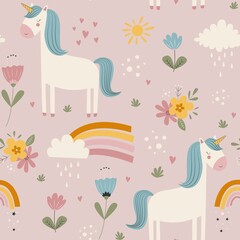 Hand drawing cute unicorn and flowers seamless print design. Vector illustration design for fashion fabrics, textile graphics, prints © miniwhale