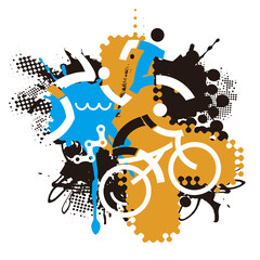 Three Triathlon Racers, outdoor fitness. 
Expressive drawing of triathlon athletes symbols on the dynamic grunge background. Vector available.