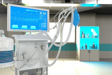ICU artificial lung ventilator with fictive design in modern clinic with selective focus - fight 2019-ncov concept, medical 3D illustration