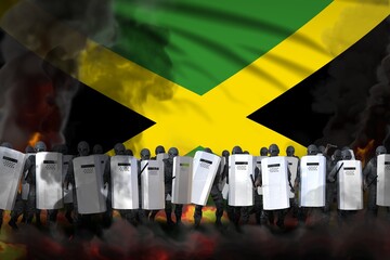 Jamaica protest stopping concept, police squad in heavy smoke and fire protecting law against disorder - military 3D Illustration on flag background