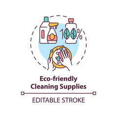 Eco friendly cleaning supplies concept icon. Green hotel features. No chemical components inside products idea thin line illustration. Vector isolated outline RGB color drawing. Editable stroke