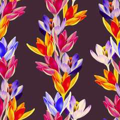 Crocus flower garland seamless pattern.