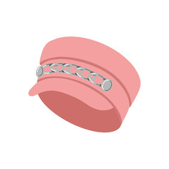 Fashionable women's pink hat with a visor. Stylish hat with chains. Felt cap. Flat vector illustration