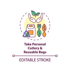 Take personal cutlery and reusable bags concept icon. Sustainable tour tips. Shopping bag which can be reused idea thin line illustration. Vector isolated outline RGB color drawing. Editable stroke