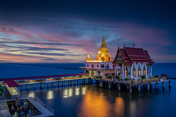 Buddhist church and pagoda in the sea, Wat Hong Thong (Golden swan lake temple), Chachoengsao, Thailand
