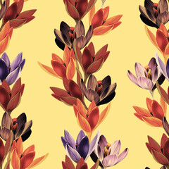 Crocus flower garland seamless pattern.