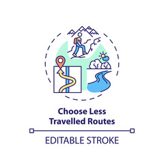 Choose less travelled routes concept icon. Sustainable tourism ideas. Beautiful travelling route for tourist idea thin line illustration. Vector isolated outline RGB color drawing. Editable stroke