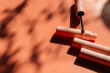 open tube with eyeliner brush next to closed pink tubes with mascara and liquid lipstick, lip gloss on a peach background with shadows