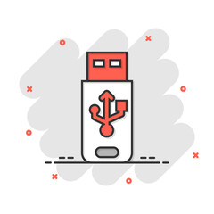 Usb drive icon in comic style. Flash disk vector cartoon illustration on white isolated background. Digital memory splash effect business concept.