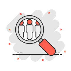 Search job vacancy icon in comic style. Loupe career vector cartoon illustration on white isolated background. Find people employer splash effect business concept.