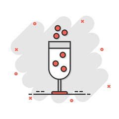 Champagne glass icon in comic style. Alcohol drink vector cartoon illustration on white isolated background. Cocktail splash effect business concept.