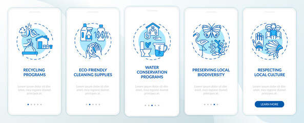 Green hotel features onboarding mobile app page screen with concepts. Eco friendly cleaning supply walkthrough 5 steps graphic instructions. UI, UX, GUI vector template with linear color illustrations