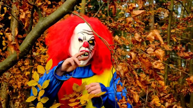 Evil clown dancing in the autumn forest. Scary clown costume. Halloween party