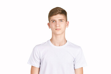 Children portrait in white t-shirt. Studio isolated concept. Boy sale portrait. Photography of luxury people. Happy winner emotion. Fresh person face. Kid eyes. Look at camera. Different eyes