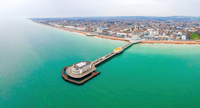 An aerial view of Worthing Pier, a public pleasure pier in Worthing, West Sussex, England