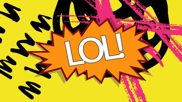 Animation of lol text on retro speech bubble over black squiggles on yellow background