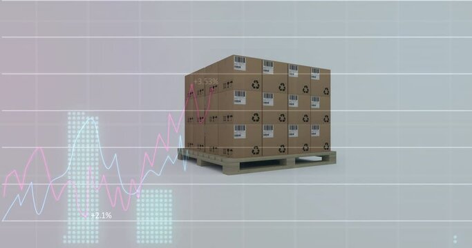 Animation of financial data processing over stack of cardboard boxes in background