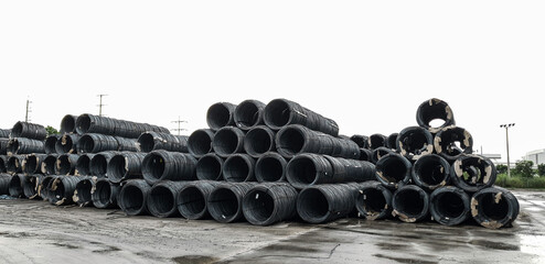 Stacked of high carbon wire rod for heavy industry production,Pile of metal steel wire roll for...