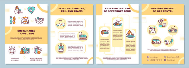 Naklejka premium Sustainable travel tips brochure template. Electric vehicles. Flyer, booklet, leaflet print, cover design with linear icons. Vector layouts for presentation, annual reports, advertisement pages