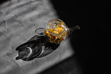 Traditional Chinese Tea Ceremony. Shen Puer, green and fruit tea. Glass cups