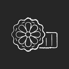 Mooncakes chalk white icon on black background. Chinese bakery product. Mid-autumn festival. Harvest moon. Chinese autumnal season. Thick traditional pastry. Isolated vector chalkboard illustration