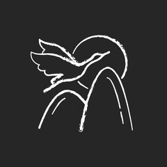 Crane chalk white icon on black background. Chinese mythology and symbolism. Double ninth festival. Immortality, longevity idea. Red-crowned cranes. Isolated vector chalkboard illustration