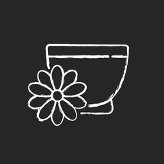 Chrysanthemum tea chalk white icon on black background. Double ninth festival. Flower-based infusion drink. Traditional medicine. Chrysanthemum appreciation. Isolated vector chalkboard illustration