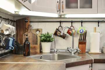 stainless steel sink and  mixer tap.