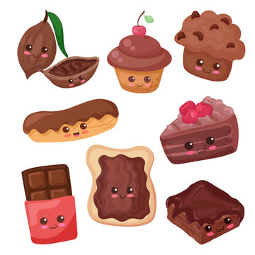 Kawaii food characters: brownie, chocolate bar, eclair, cupcake, cocoa beans, muffin, toast. Cute cartoon collection for print, stickers, cupcake decoration, baby shower. Food set isolated on white.