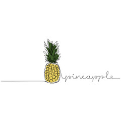Continuous one line drawing of pineapple with text. Pineapple modern minimalist art.