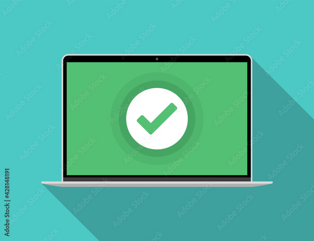 Aufkleber laptop with green checkmark notification in a flat design