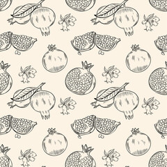 Seamless pattern with pomegranate fruits. Model whole pomegranates, halves and flowers. Background sketch pomegranate vector illustration