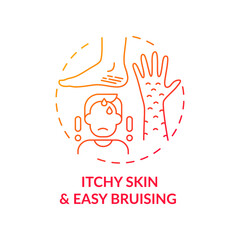 Itchy skin and easy bruising concept icon. Liver disease sign idea thin line illustration. Diabetes complications. Blood-clotting problem. Abdominal pain. Vector isolated outline RGB color drawing