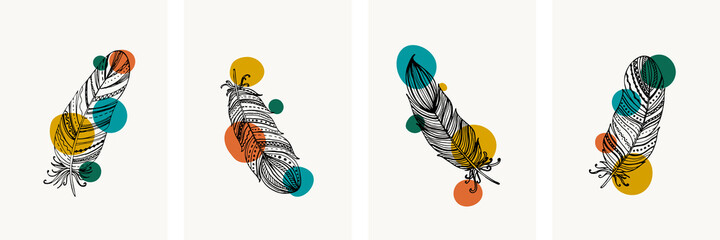 Creative minimalist Abstract art bright circle simple shape vintage color and Hand Drawn doodle black and white color Scribble feather. Design for wall decoration, postcard, poster or brochure