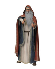 3D rendering of an old wizard in long robes and hooded cloak isolated on white.