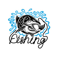 Illustration with fishing icon on white background.