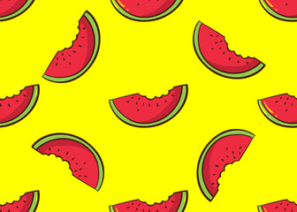 Simple watermelon pattern. Ripe pieces of watermelon . Yellow background. Vector texture. Fashionable bright print for Wallpaper and textiles.